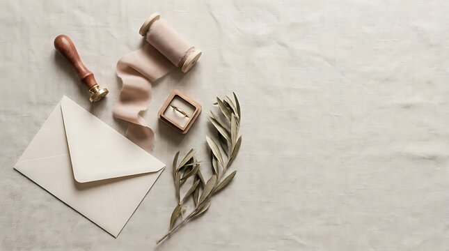 Wedding invitation flat lay with wax seal, silk ribbon and olive branch on neutral background