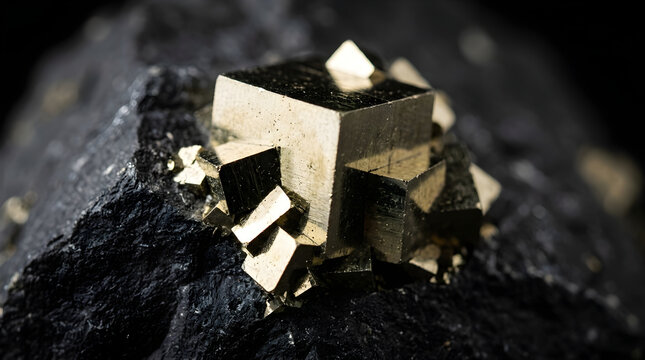 Natural pyrite crystal formation with cubic golden mineral structures on dark raw rock for geological studies and mineral collection.