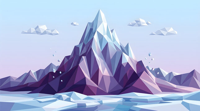 Low poly mountain peak in icy arctic landscape with purple and blue tones for gaming and web illustrations.