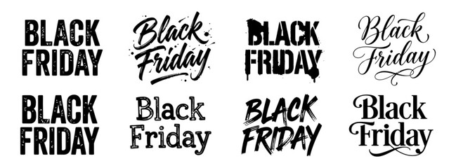 Obraz premium A diverse collection of eight original black friday lettering designs featuring different rough brushstroke styles on a clear transparent background for design projects