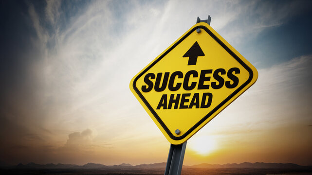 Success ahead road sign on setting sun background. 3D iilustration