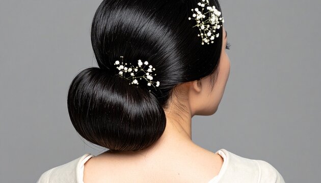 うなじ・首筋・和の美人・美容・ヘアアップ・髪飾り・かんざし・日本人女性・美肌・艶髪・清潔感・和の美素材／Japanese woman nape of neck beauty, elegant hair up style with floral hair ornament kanzashi, smooth glossy healthy hair Japanese beauty stock photo