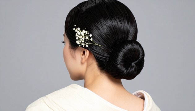 うなじ・首筋・和の美人・美容・ヘアアップ・髪飾り・かんざし・日本人女性・美肌・艶髪・清潔感・和の美素材／Japanese woman nape of neck beauty, elegant hair up style with floral hair ornament kanzashi, smooth glossy healthy hair Japanese beauty stock photo