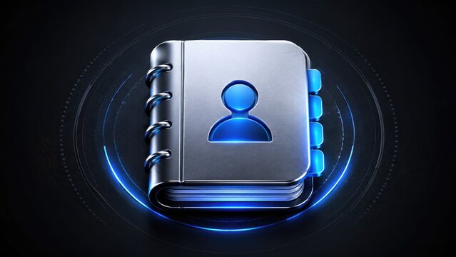 Futuristic metallic contacts book icon with blue glowing user symbol, tabbed binder and spiral rings on a dark tech background