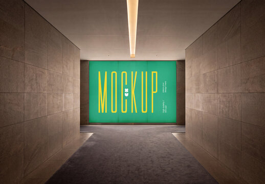 Illuminated Wall Display Mockup at End of Marble Corridor