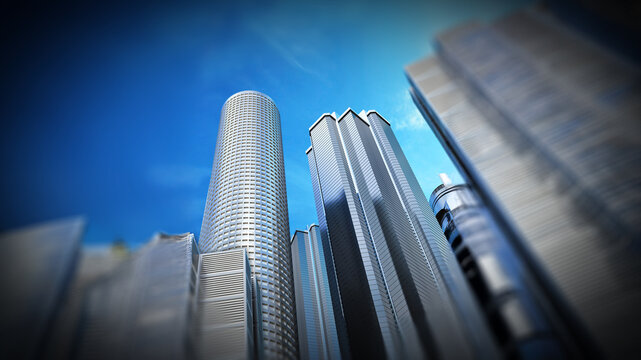 Skyscrapers on blue sky background. 3D iilustration