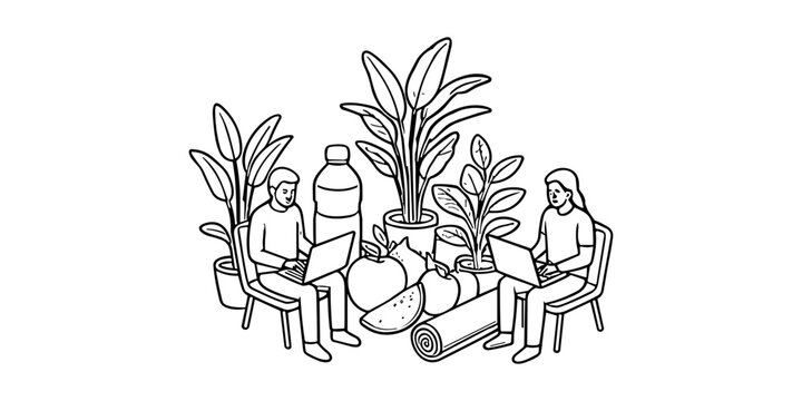 Healthy remote work balance people working laptop computer potted plants water bottle fruits line art vector illustration.