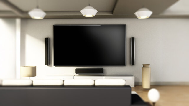 Modern 4K smart TV room with large windows and parquet floor. 3D illustration