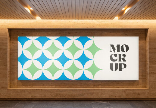 Wide Wall Art Mockup with Geometric Pattern in Wood Paneled Interior