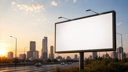 Fototapeta premium Blank billboard over a highway at sunset with city skyline, skyscrapers, cars and street lamps in an urban dusk scene