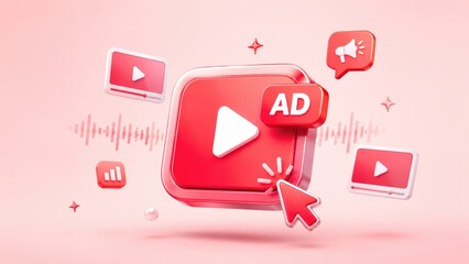 Fototapeta premium 3D pink-red play button ad icon with cursor, video thumbnails, megaphone and audio waveform representing online video advertising and digital marketing
