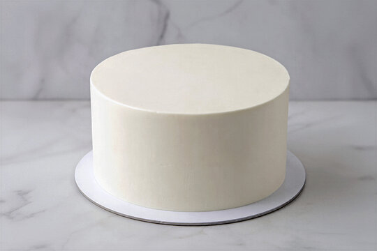 Blank round white buttercream cake mockup on silver cake board over marble background. Minimalist frosted cake template for bakery branding, custom design, text and digital decoration.