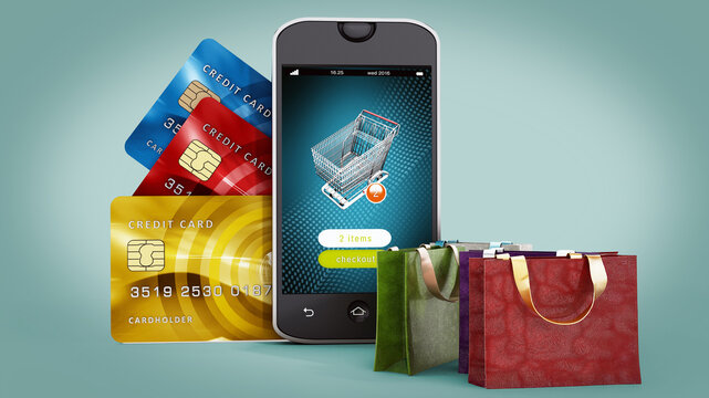 Smartphone, credit cards, shopping bags and basket isolated on green background. 3D illustration