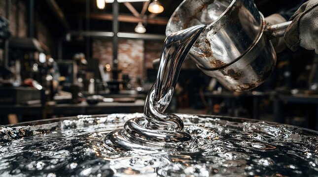 Industrial shot of molten liquid silver pouring from a metal crucible into a shimmering pool of chrome metal within a workshop setting with blurred tools in the background.