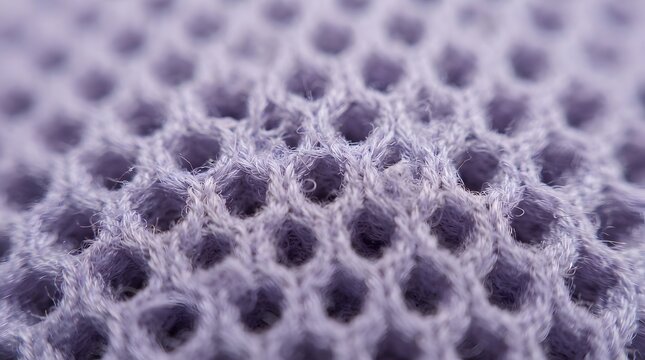 Macro view of lavender purple neoprene fabric texture showing detailed porous mesh weave and synthetic fibers in a close-up shot with a shallow depth of field and soft light.
