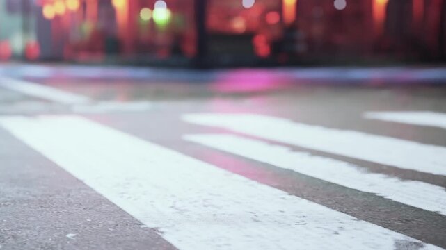 A street crossing is visible in the foreground at night. Lights from nearby buildings reflect off the wet pavement. The scene shows a blend of colors from neon signs.