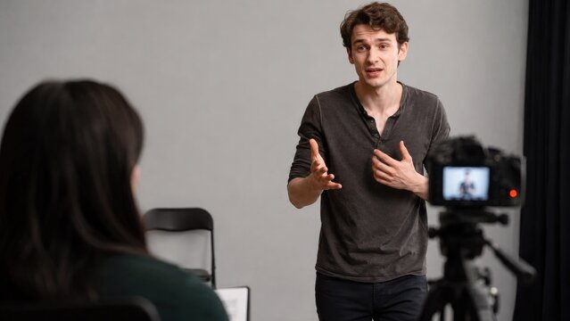 Male actor delivering an emotional monologue on camera during an audition in a studio