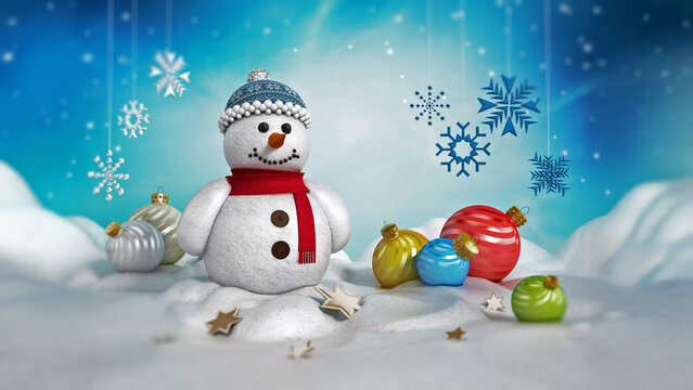 Snowman, Christmas ornaments and snowflakes on snow. 3D illustration