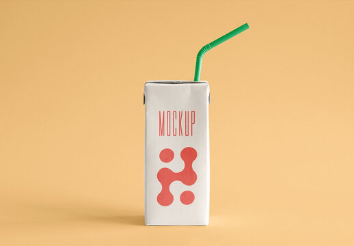 Juice Carton Box Mockup with Green Straw on Yellow Background