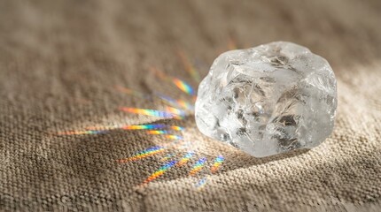 Fototapeta premium Prismatic Light Refraction and Rainbow Spectrum Dispersion on Fabric Surface from a Transparent Crystal Object