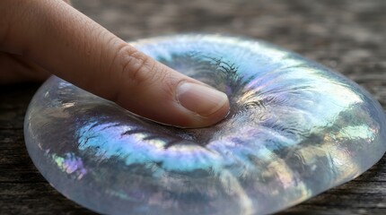Fototapeta premium Close-up of a Human Thumb Pressing into a Soft Translucent Iridescent Gel Pad Surface Creating an Indentation
