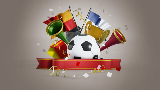 Soccer ball, flags, red ribbon and trumpets. 3D illustration