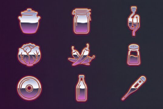 Neon fermentation icons set with jars bottle salt and food preservation symbols
