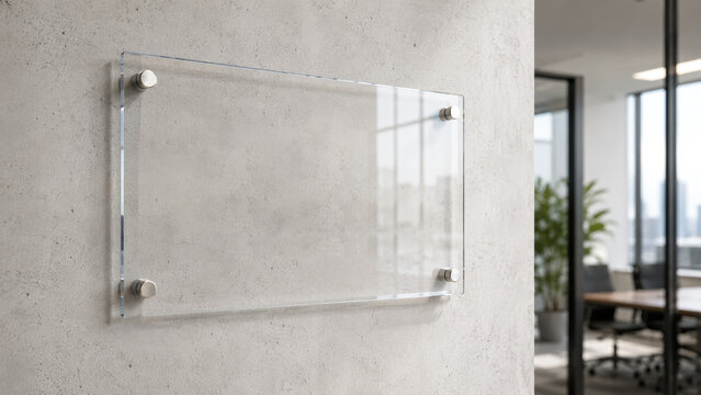 Clear glass wall sign panel mounted with metal standoffs on a concrete office wall, modern minimalist interior with glass-walled conference room and city view