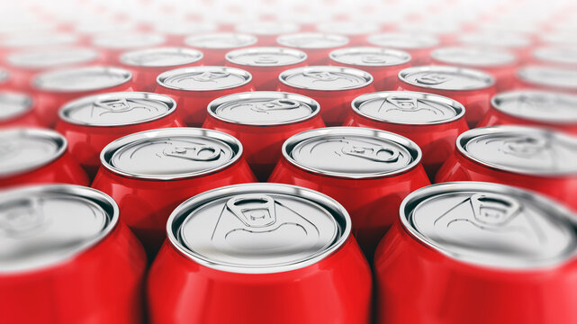 Stack of arranged red soda cans put together. 3D illustration