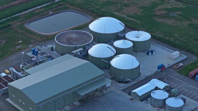 Aerial view of a modern biogas plant producing renewable energy