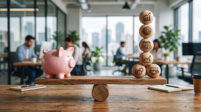 Piggy bank and financial business growth icons wooden blocks balanced on scale