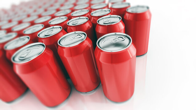 Stack of arranged red soda cans put together. 3D illustration
