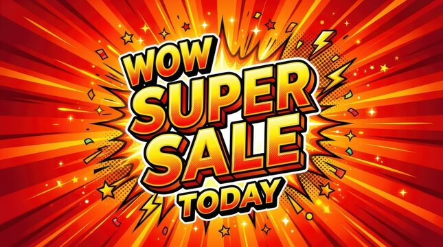 Explosive golden super sale banner with bold 3D text and dramatic rays for retail marketing