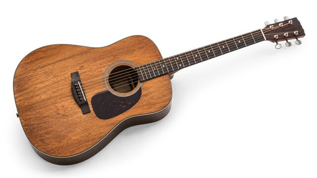 Natural wood dreadnought six-string acoustic guitar photographed on a white background, showing body, fretboard, headstock and wood grain