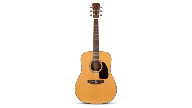Front view of a natural wood six-string acoustic guitar on a white background