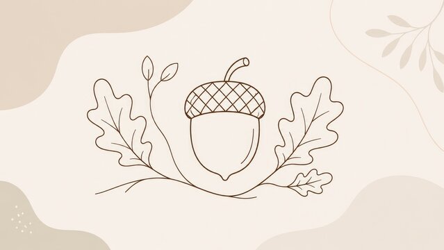 Minimal line drawing of an acorn with oak leaves on a beige background