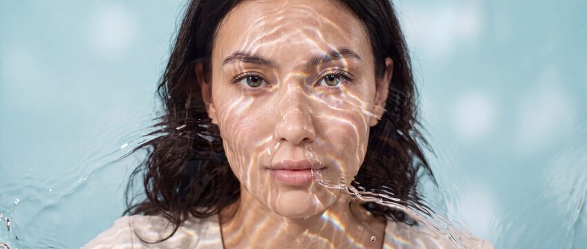 Woman portrait with water ripple reflection across face for hydrating skin treatment against blue background for soothing beauty spa vibe
