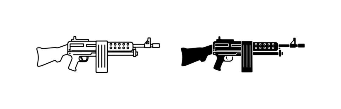 Machine Gun Vector Icons, Military Weapon Silhouette, Firearm Symbol