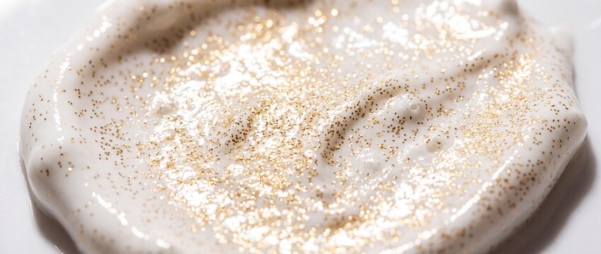 Macro view of white cosmetic cream texture infused with sparkling gold glitter particles for shimmering body lotion and luxury skin product