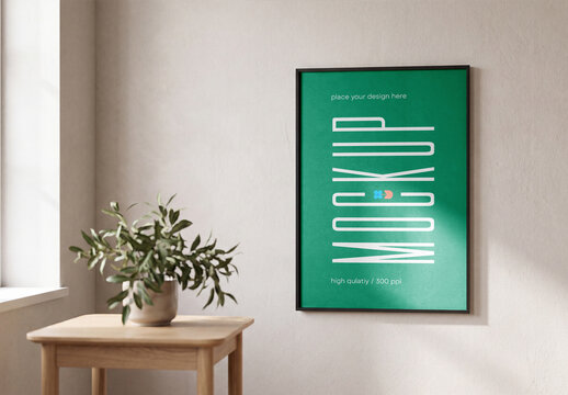 Framed Poster Mockup on Wall in Cozy Home Interior with Olive Plant