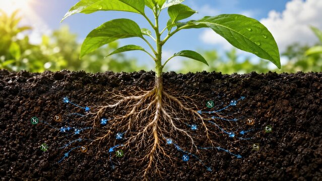 Young green seedling with visible root system absorbing water and nutrients in rich soil under sunlight