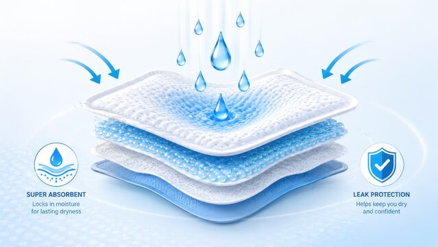 3D illustration of a multi-layer super-absorbent pad with water droplets and leak-protection icons showing rapid liquid absorption and moisture-lock layers