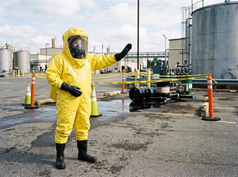 A professional worker in a yellow hazmat suit standing at a chemical industrial plant site with safety cones and large metal tanks in the background