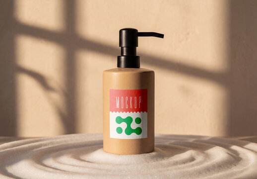 Pump Bottle Mockup on Sand Texture with Window Shadow Light
