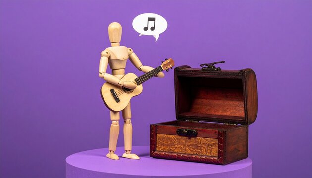 Wooden Artist Mannequin Playing Acoustic Guitar Beside Open Vintage Treasure Chest with Music Note Bubble on Purple Background Symbolizing Musical Talent, Creative Treasure, and Passion
