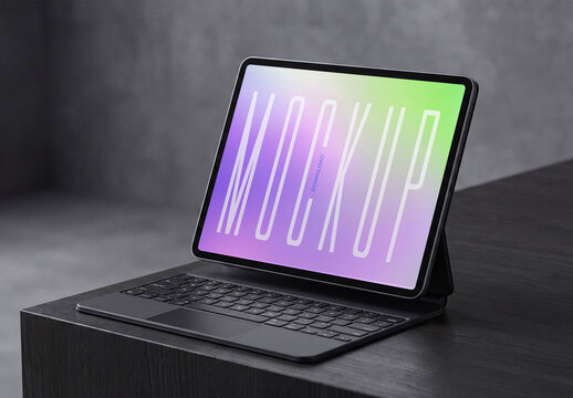 Tablet with Keyboard Mockup on Dark Wooden Pedestal