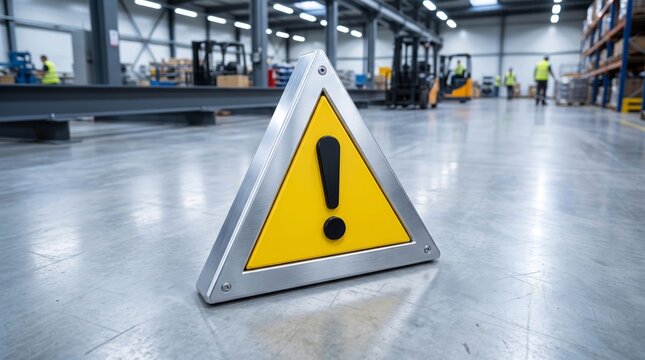 Metallic triangle warning sign featuring bold yellow paint and black exclamation mark symbol standing on polished industrial concrete floor surface