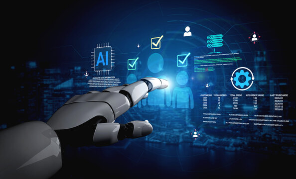 Futuristic Robot Hand Interacting with Digital Icons Representing Artificial Intelligence, Data Processing, and Human Connection in Cyber Space Haptic.