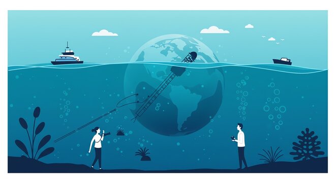 People observing underwater cable connected to earth globe