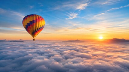 Fototapeta premium Colorful hot air balloon floating above a sea of clouds at sunrise with distant mountains and a vibrant sky